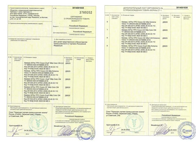 Сертификат СТ-1 о российском происхождении видеокамер с ПО «Сокол»